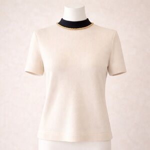 St. John Collection Ivory Knit Top Gold Chain Collar Hidden Zip | Small NWOT